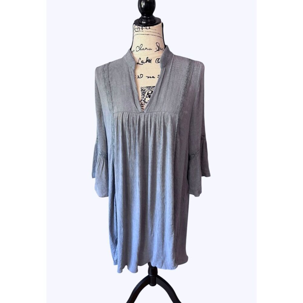 CY Fashion Grey Crinkle Gauze Tunic Dress Lace Trim Bell Sleeve L/XL No Size